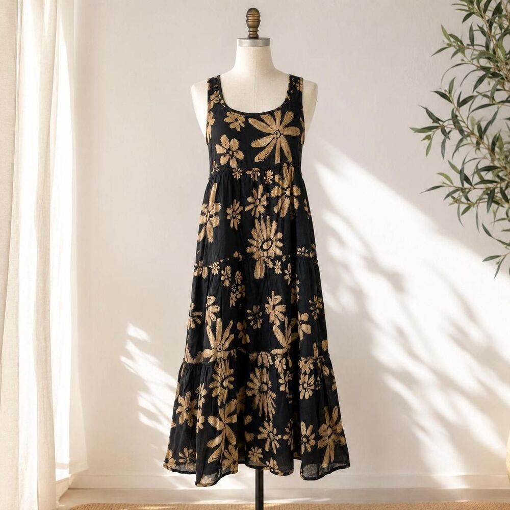 NWT Natural Life Adele Tiered Maxi Dress Black Tan Size Large Cotton Floral